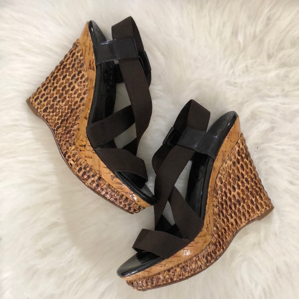 Women’s BCBGirls Wedge Sandals, elastic straps, 5” heel. Worn once for party.